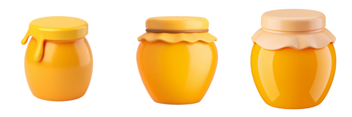 Three Honey Jars In Varying Stages Of Dripping Showing Natural Product Attributes and Transparent Background