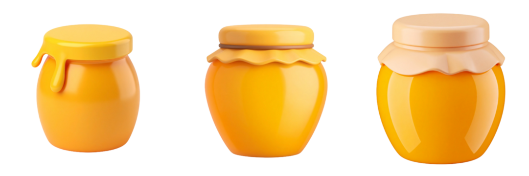 Three Honey Jars In Varying Stages Of Dripping Showing Natural Product Attributes and Transparent Background