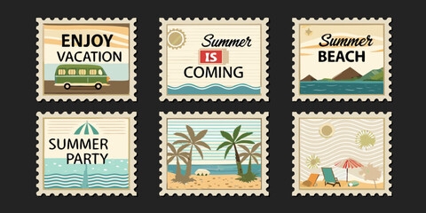 Obraz premium Collection of six vintage style postage stamps featuring summer vacation themes and beach scenes
