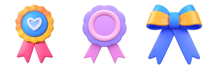 Colorful Award Ribbons With Transparent Background Displaying Decorative Elements in Various Colors Including Blue Pink and Orange