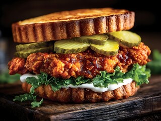 A delicious crispy fried chicken sandwich with pickles and lettuce rests on a wooden cutting board today