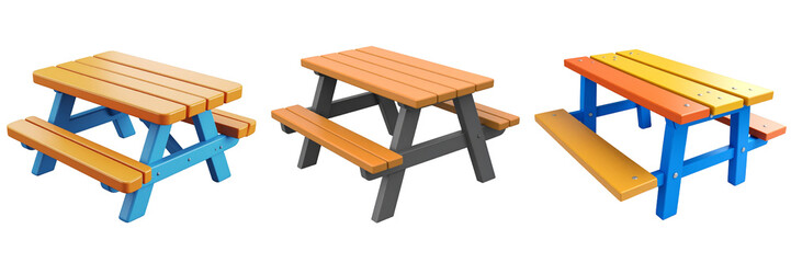 Three Colorful Picnic Tables Isolated On Transparent Background