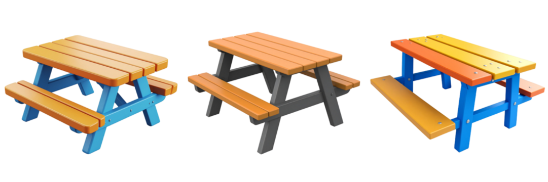 Three Colorful Picnic Tables Isolated On Transparent Background