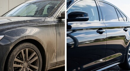 Before and after car detailing showcasing a dramatic transformation from dirty to gleaming clean.