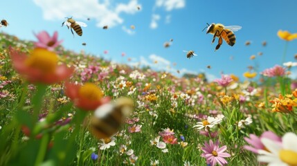 Bees flying over a colorful wildflower meadow under a clear blue sky on a bright sunny day in the countryside
