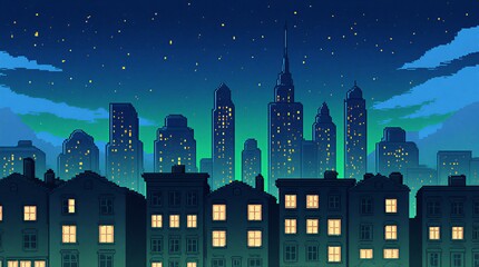 pixelated night cityscape landscape vector game background | game, cityscape, retro, pixel, adventure theme