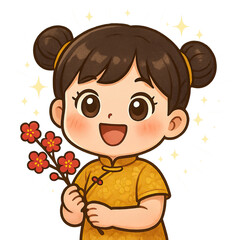 Cheerful girl holding flowers with joy.