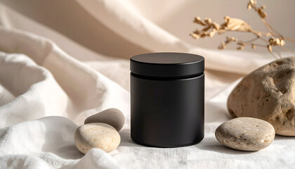 Black matte tin container mockup on white linen with pebbles and dried grass, soft light