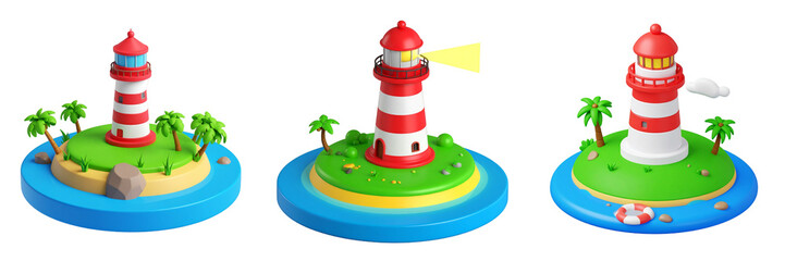 Isometric Island Lighthouses With Red And White Striped Towers And Palm Trees On Blue Water In A Transparent Background