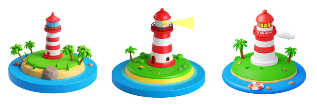 Isometric Island Lighthouses With Red And White Striped Towers And Palm Trees On Blue Water In A Transparent Background