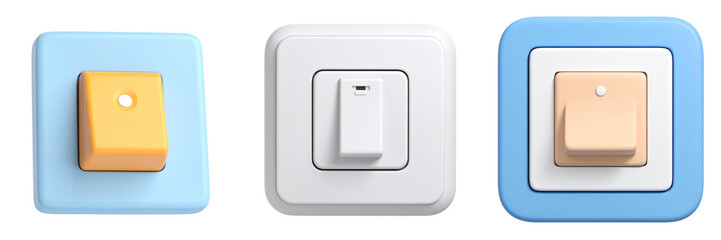 Three 3D Rendered Light Switches with Various Color and Shape Combinations with Transparent Background