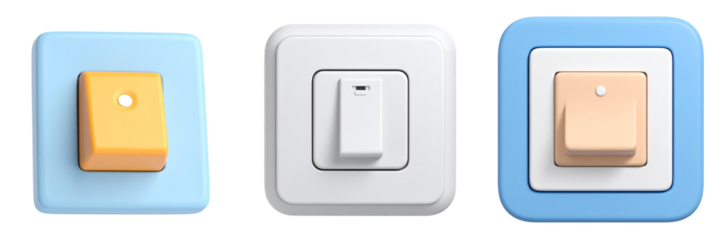 Three 3D Rendered Light Switches with Various Color and Shape Combinations with Transparent Background