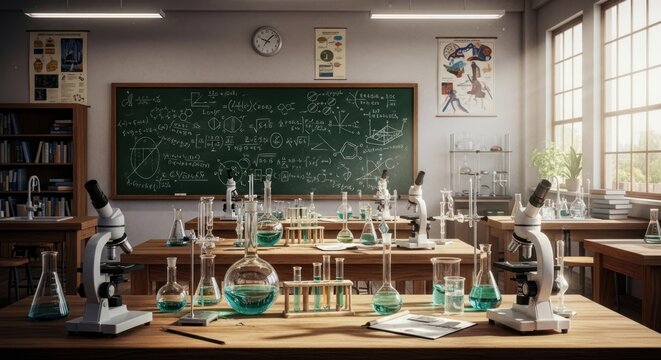 Science classroom with black chalkboard covered in formulas