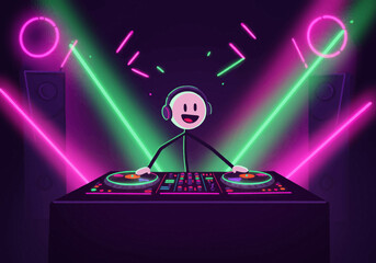 Cartoon DJ stick figure with headphones in neonlit setting behind turntables and speakers