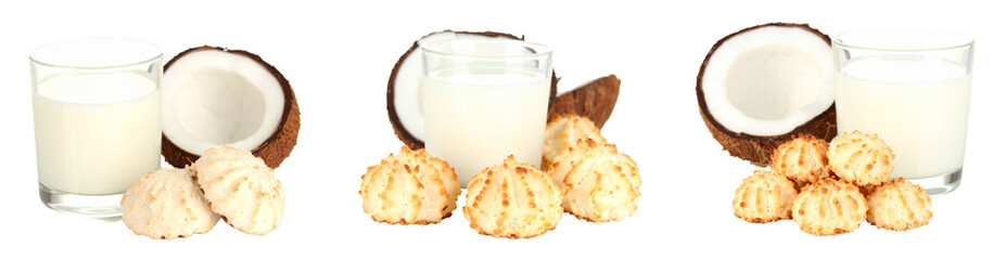 Coconut Milk In Glass with Coconut Halves and Macaroons against a Transparent Background