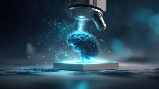 Illuminated Brain Model Under Microscope Reveals Intricate Details of Neural Structures and Connections in a Futuristic Lab Setting