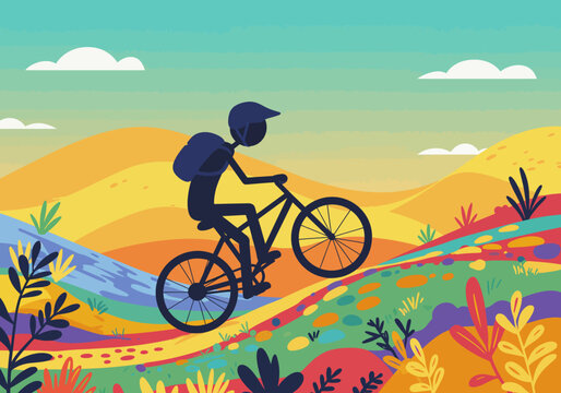 Silhouette of cyclist riding bike through colorful landscape with hills plants and sky