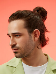 Fototapeta premium Close up profile portrait of a stylish young man with a modern man bun hairstyle and light green jacket