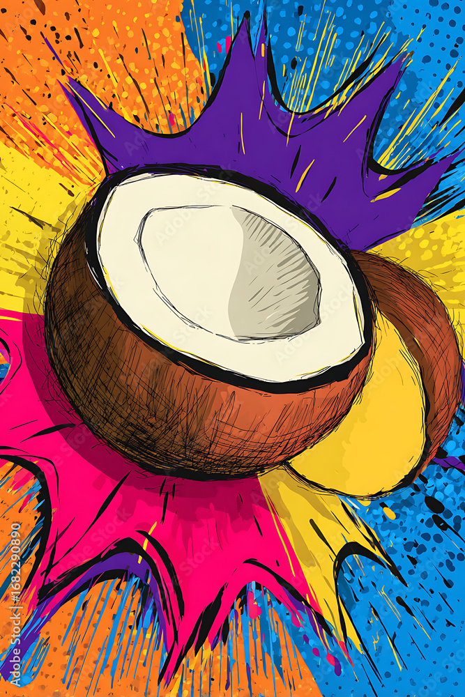 Poster vibrant illustration of a coconut cracking open with colorful splashes in the background