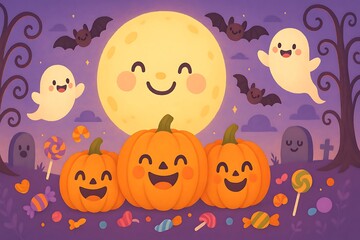 Halloween Party Illustration with Cute Characters