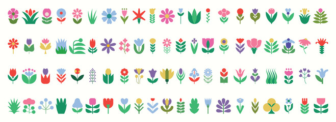 Colorful Flat Flower Illustration Designs. Minimalist Floral Vector Collection For Nature And Spring Designs