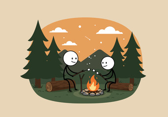 Two stick figures roast marshmallows around a campfire amidst trees  mountains
