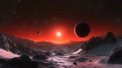 Distant planets and stars shine over a desolate mountainous alien landscape under a red sky in a science fiction scene