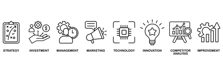 Business development icon set vector illustration concept for strategy, investment, management, marketing, technology, innovation, competitor analysis, improvement