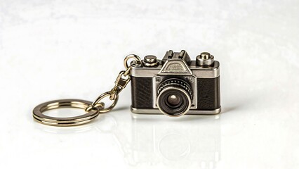 Vintage miniature camera keychain isolated on white background
