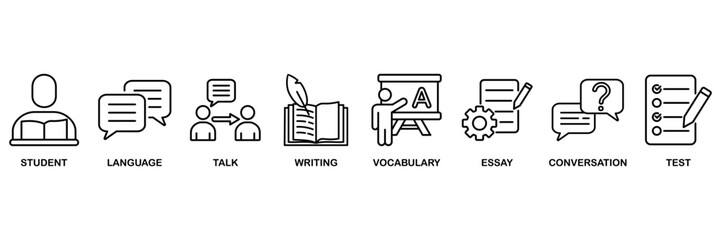 English class icon set vector illustration concept for student, language, talk, writing, vocabulary, essay, conversation, test © Roronoa15