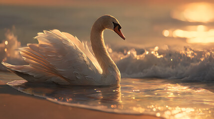 A swan moves gracefully near the shore, its white feathers glowing under the warm golden twilight, captured in serene detail.
