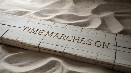 Time marches on engraved text on textured surface with camouflage pattern