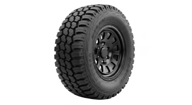 A rugged allterrain tire with a deep tread pattern is isolated on a transparent background