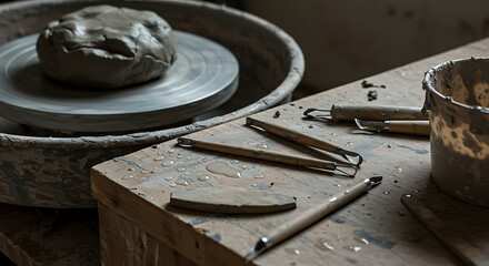 Pottery studio setup with a lump of clay on a potters wheel and various sculpting tools on a wooden workbench, ready for creation