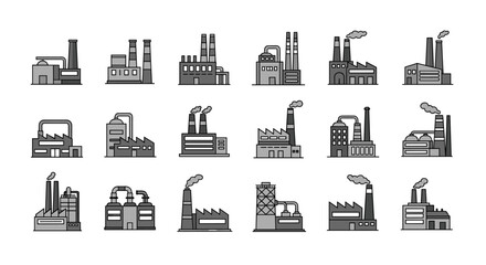 Collection of industrial factory buildings showing manufacturing and production facilities with smoke stacks emitting pollution