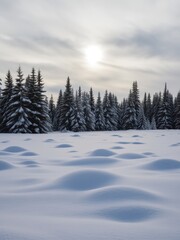 Snow-covered landscape with evergreens winter wonderland photography calm environment wide view nature's serenity