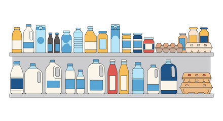 Grocery store dairy and beverage aisles featuring milk eggs and various drinks organized on shelves