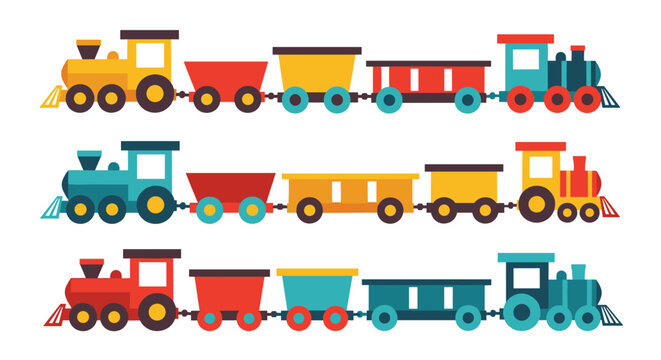 Colorful toy trains carrying various cargo across whimsical landscapes seamlessly