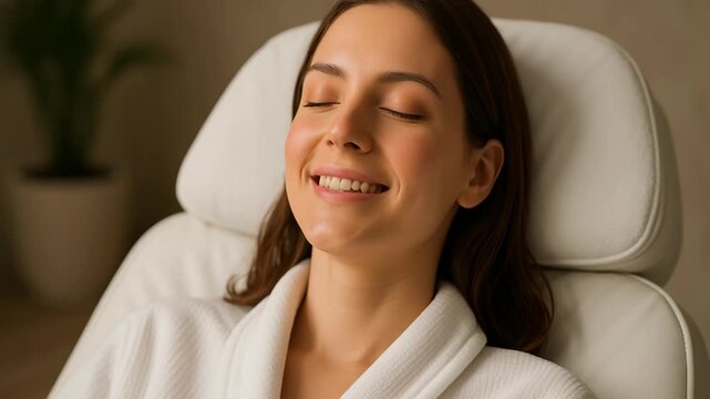 Wellbeing program work. Relaxation and tranquility embodied by woman white robe, enjoying serene moments of comfort and beauty indoors with warm