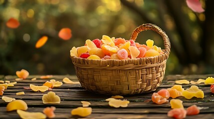 Naklejka premium Vibrant autumn harvest of colorful fruit candies in a rustic basket outdoors
