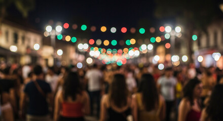 Fototapeta premium Nighttime City Street Festival Crowd Bokeh