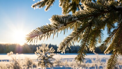 Winter sunrise action over snowy landscape frosty evergreen trees nature photography peaceful environment close-up view