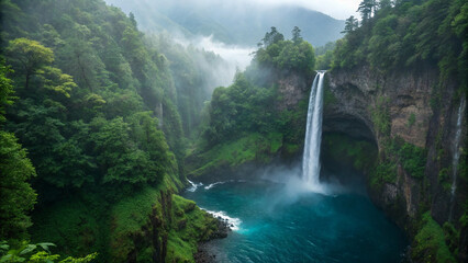 A misty, lush forest canyon with a powerful waterfall cascading into a deep turquoise pool below