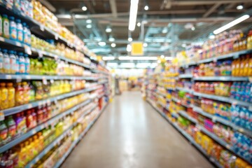 Fototapeta premium Blurred supermarket aisle, full of goods