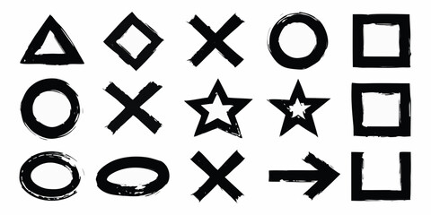 Collection of hand drawn black geometric shapes and symbols on a white background