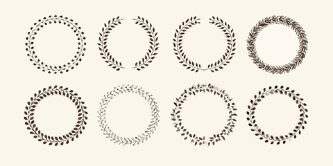 Collection of eight decorative circular floral wreaths and botanical borders with delicate leaves and branches