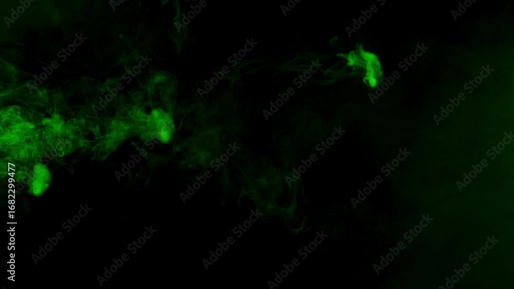 Poster Multiple puffs and rings of green smoke float through dark space, creating a moody and dynamic background, ideal for fantasy or sci-fi
