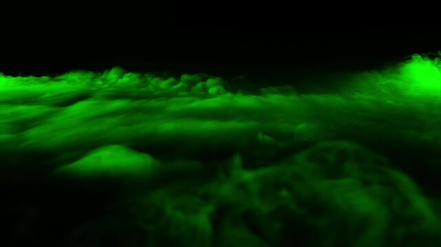 Cinematic flight over thick, rolling green clouds or toxic fog, unnatural landscape for sci-fi, fantasy, or magical scenes