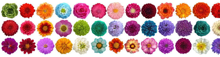 Colorful flower display.  Many vibrant flowers in various shades and hues, arranged in a grid pattern against a dark background. Each flower is a distinct color, creating a visually appealing array.  