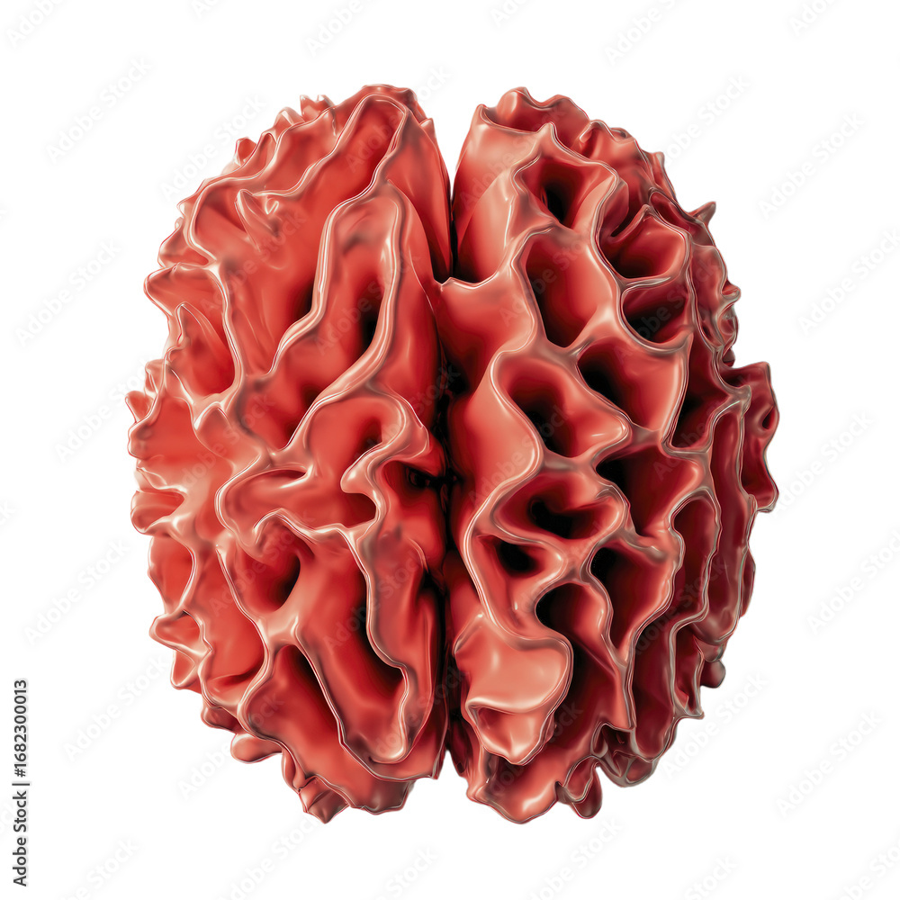 Aufkleber top view of a detailed glossy red abstract neural network structure brain